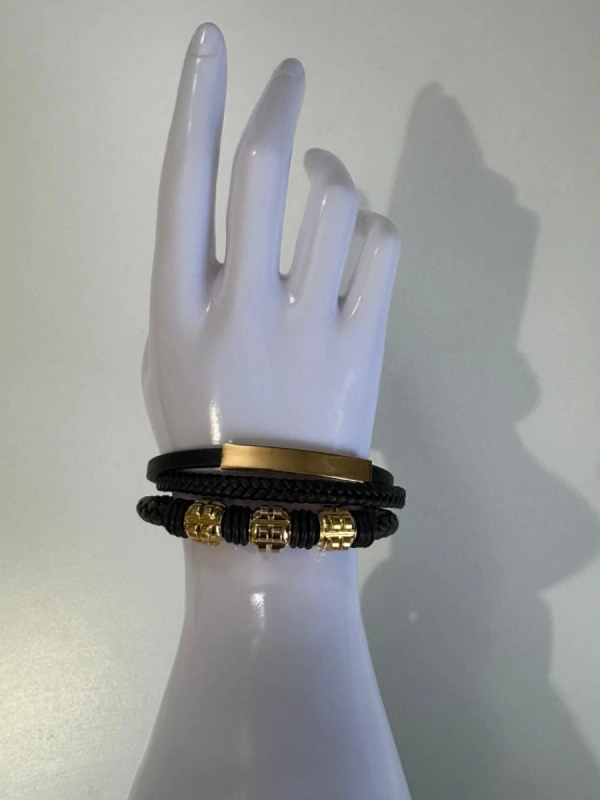 Bracelet 3 en 1 en cuir noir et acier inoxydable doré